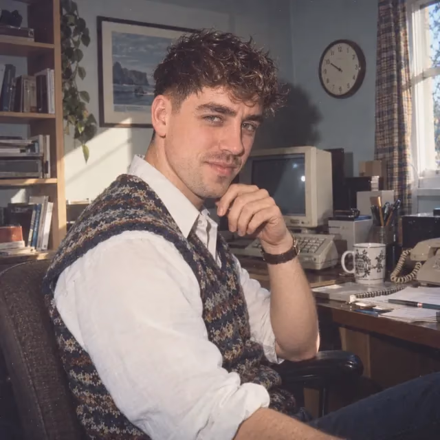 Oliver at his desk in a knitted tank top, looking straight at the camera with a knowing half smile.